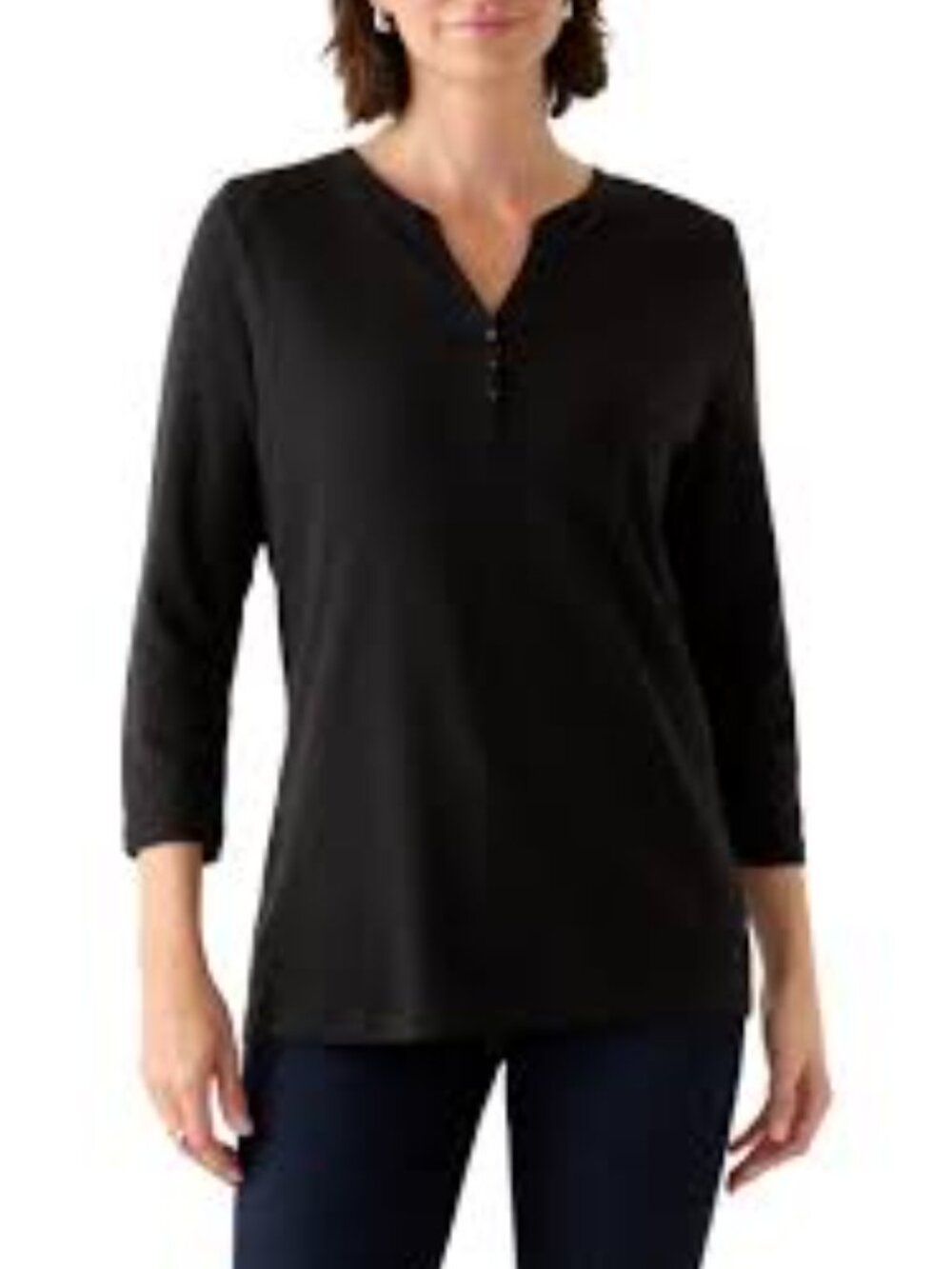 Kim Rogers "Perfectly Soft" Split-Neck Henley Top in charcoal gray/black.